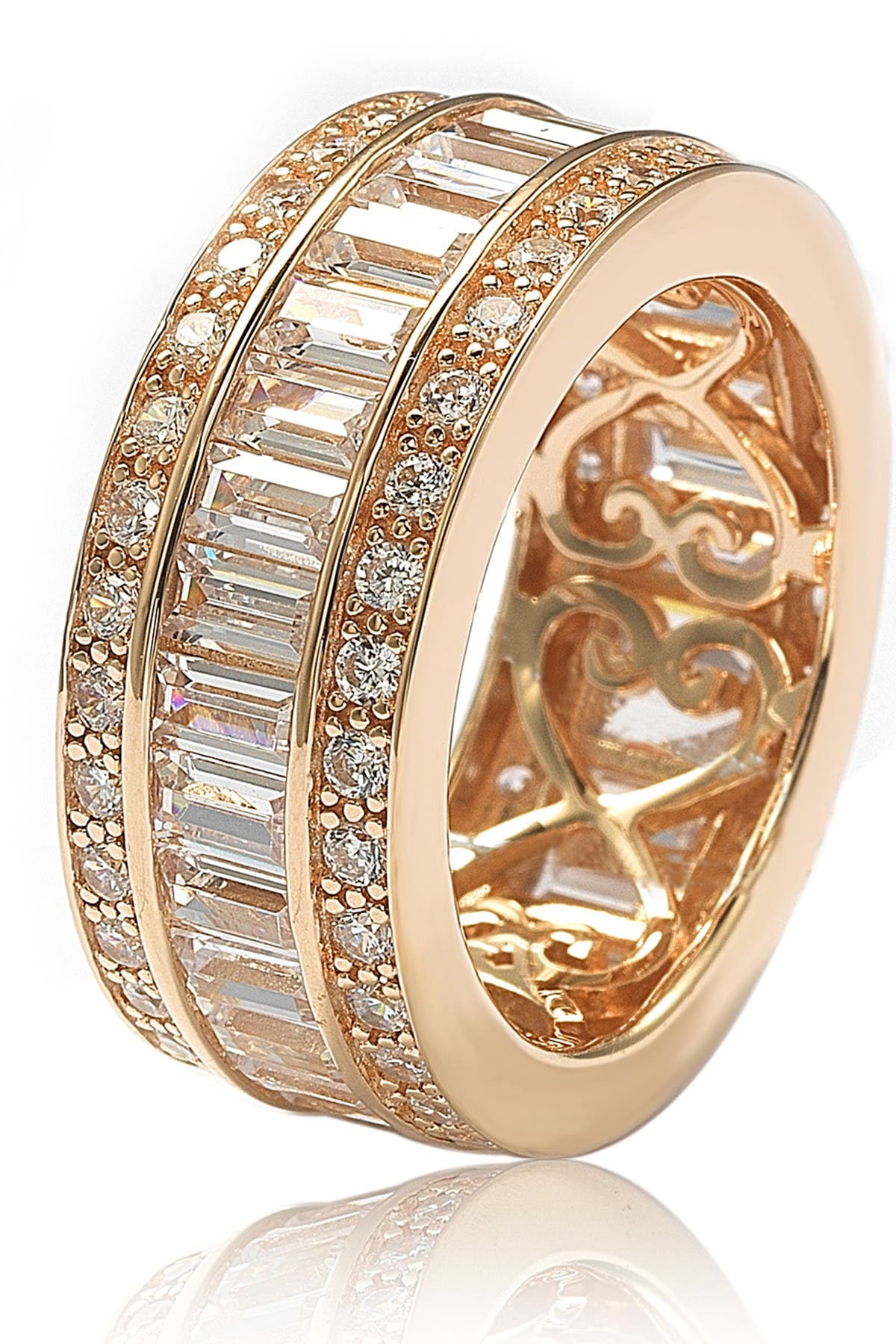 Suzy Levian 14k Rose Gold Plated Sterling Silver Baguette-cut & Round-cut Cz Eternity Band In Light/pastel Pink