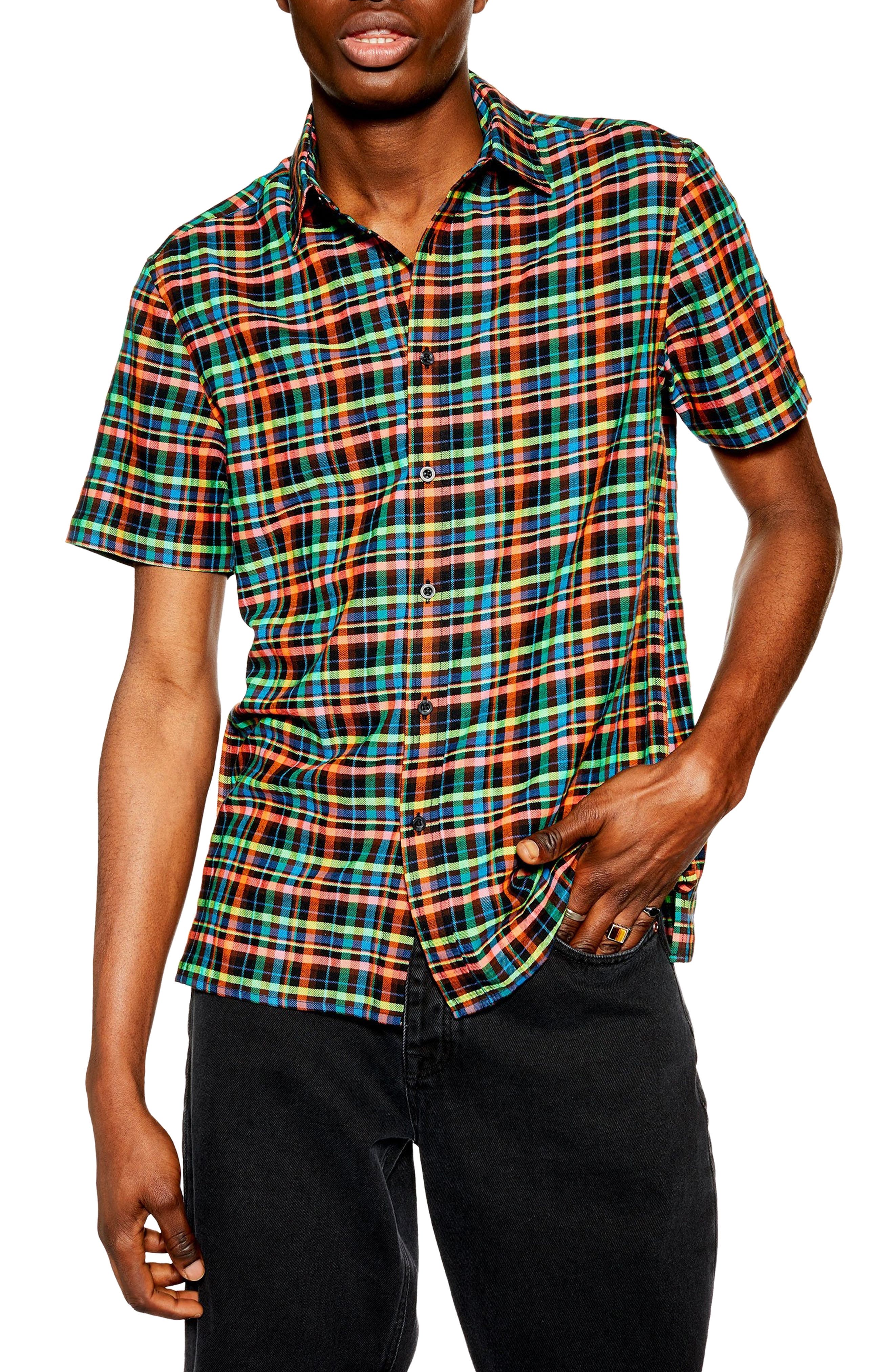 Topman Slim Fit Plaid Short Sleeve Button-Up Shirt, Blue