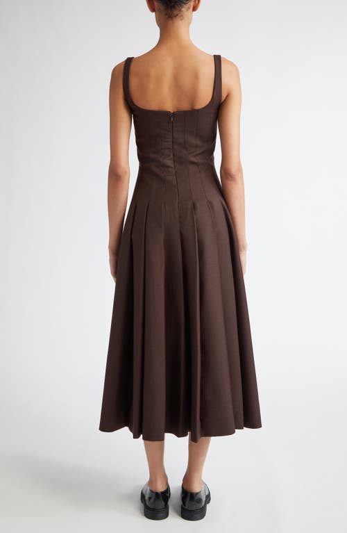 Shop Emilia Wickstead Odulia Pleated Square Neck Wool Dress In Hickory Brown