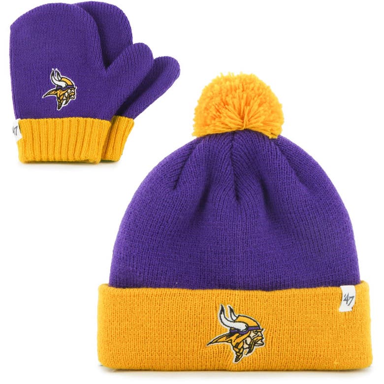 Shop 47 Infant ' Purple/gold Minnesota Vikings Bam Bam Cuffed Knit Hat With Pom And Mittens Set