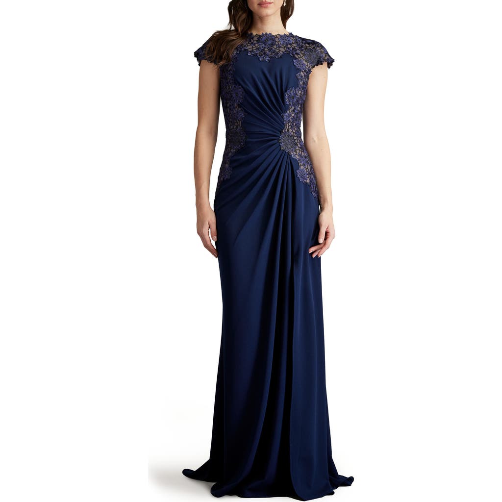 Tadashi Shoji Embroidered Side Ruched Cap Sleeve Gown In Midnight