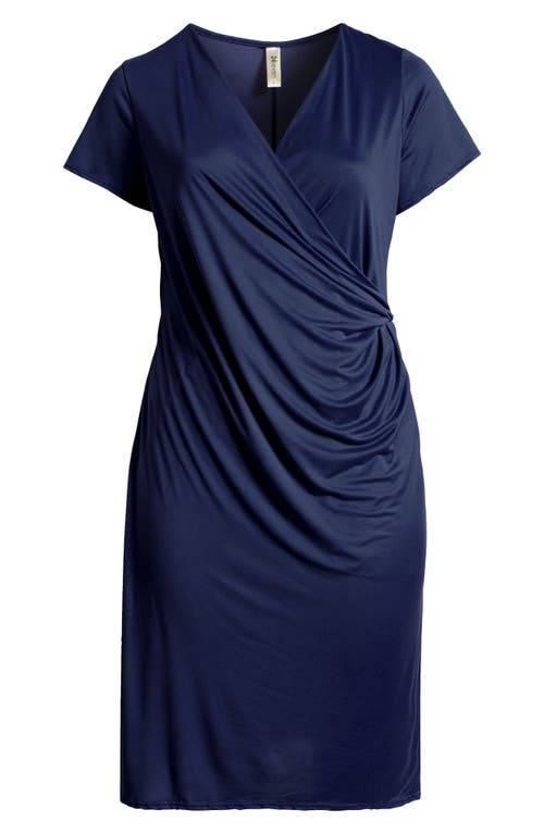 24seven Comfort Apparel Petites Short Sleeve Knee Length Faux Wrap Dress In Blue