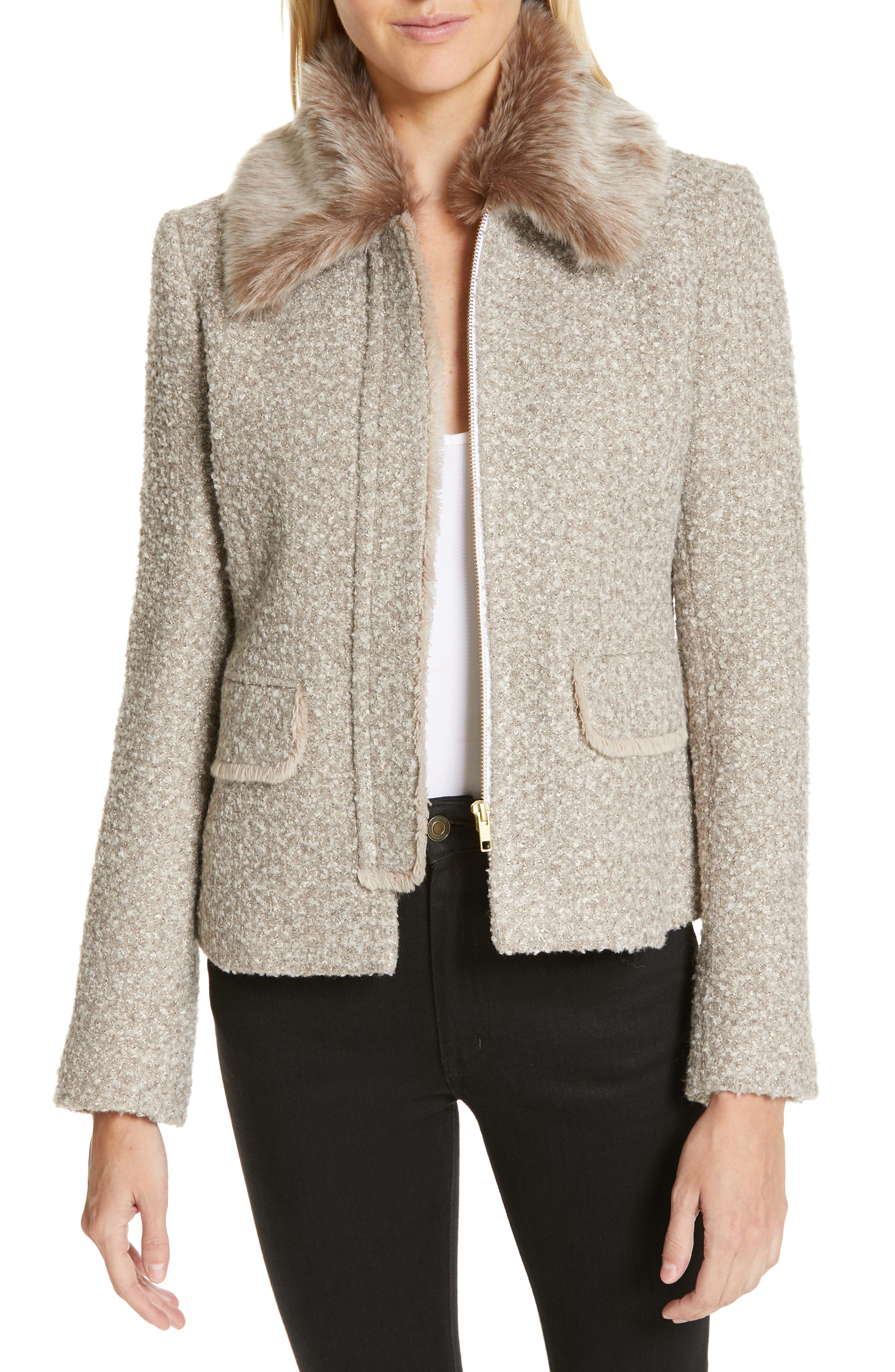 Helene Berman Metallic Tweed Jacket with Detachable Faux Fur Collar