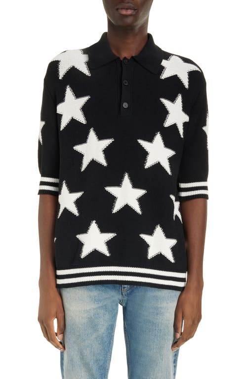 Balmain Star Jacquard Polo Sweater In Eer Black/natural