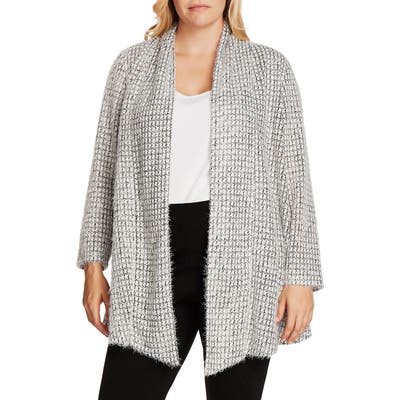 Plus Size Vince Camuto Drape Front Eyelash Houndstooth Cardigan, Black