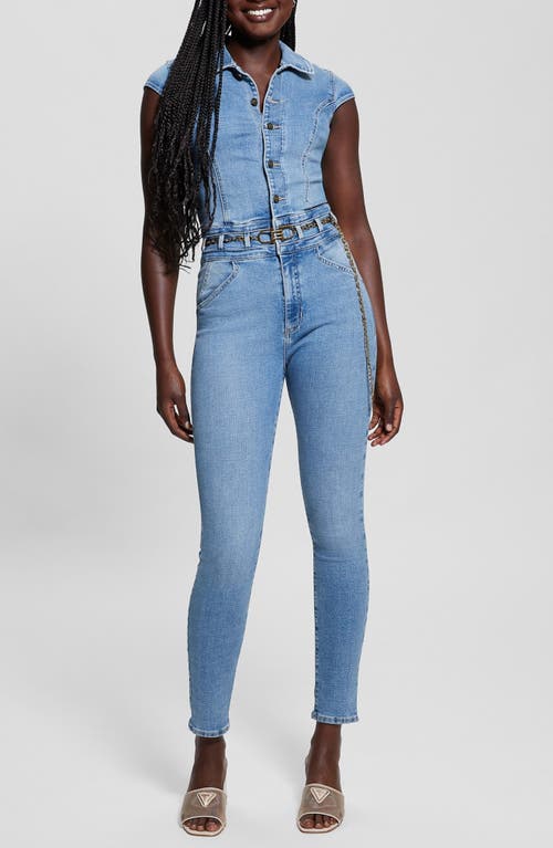 Shop Guess Nova Belted Button Front Denim Jumpsuit In Freebird