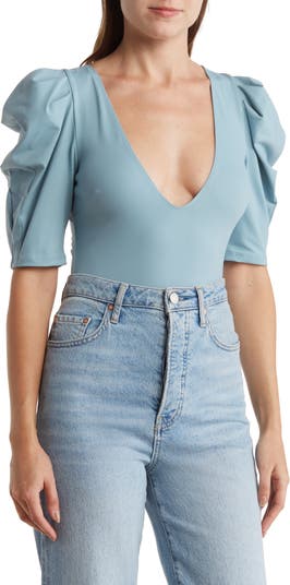 Free People Va Va Voop Knit Deep V-Neck Short Ruched Puffed Sleeve Bodysuit