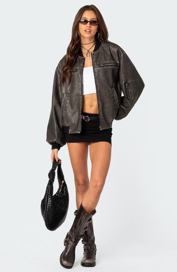 Vava Washed Faux Leather Bomber Jacket