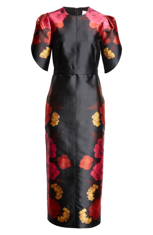 Shop Erdem Floral Print Tulip Sleeve Twill Dress In Black