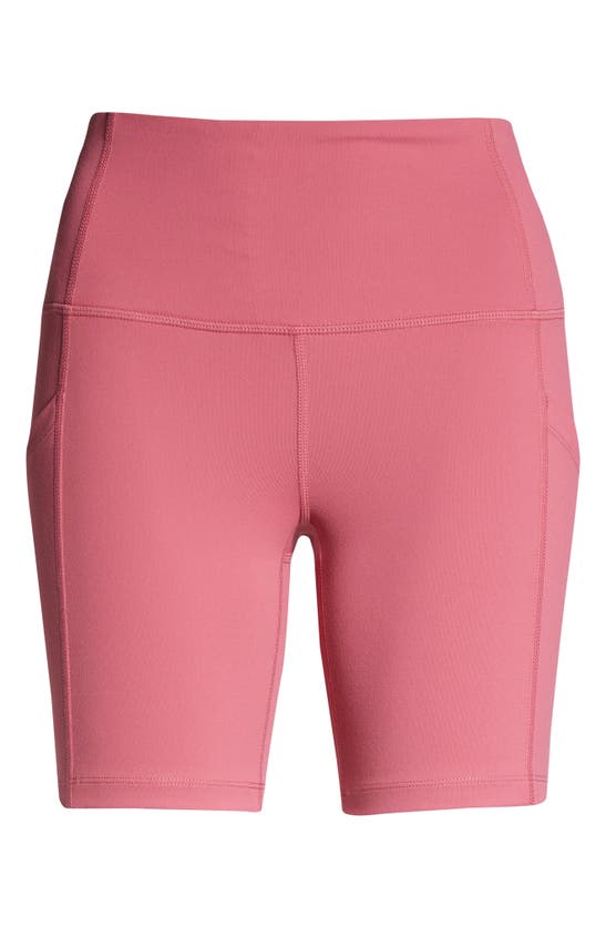 Zella Live In High Waist Pocket Bike Shorts In Burgundy Blush