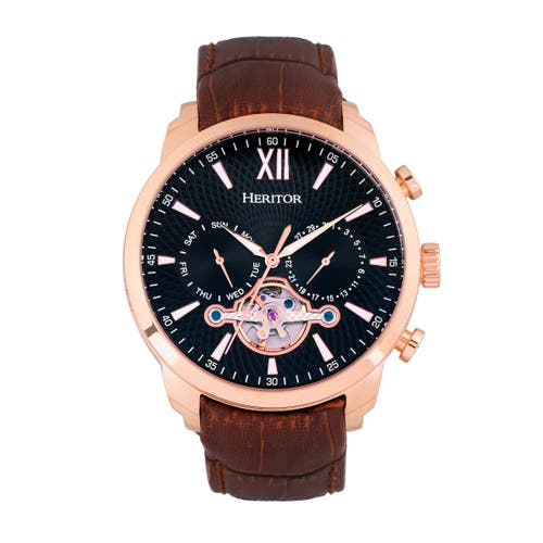 Heritor Automatic Men's Black / Rose Gold Arthur Semi-skeleton Leather-band Watch With Day And Date - Black, Rose Gold In Rose Gold/black