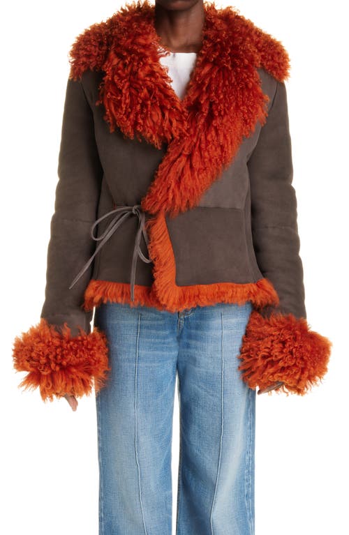 Acne Studios Lakia Suede & Genuine Shearling Wrap Jacket in Rust Orange