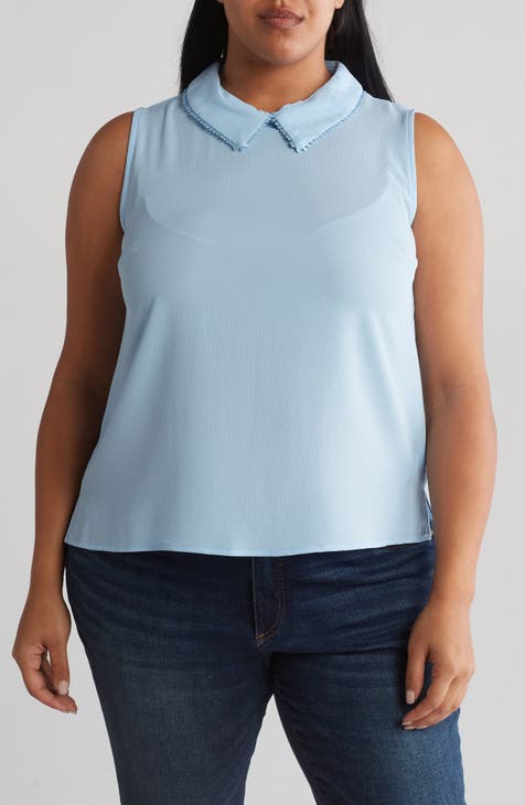 Women's plus size sleeveless blouse in light blue and white 