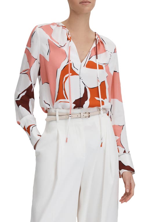 Reiss Tess Floral Tie Neck Woven Top In Cream/red