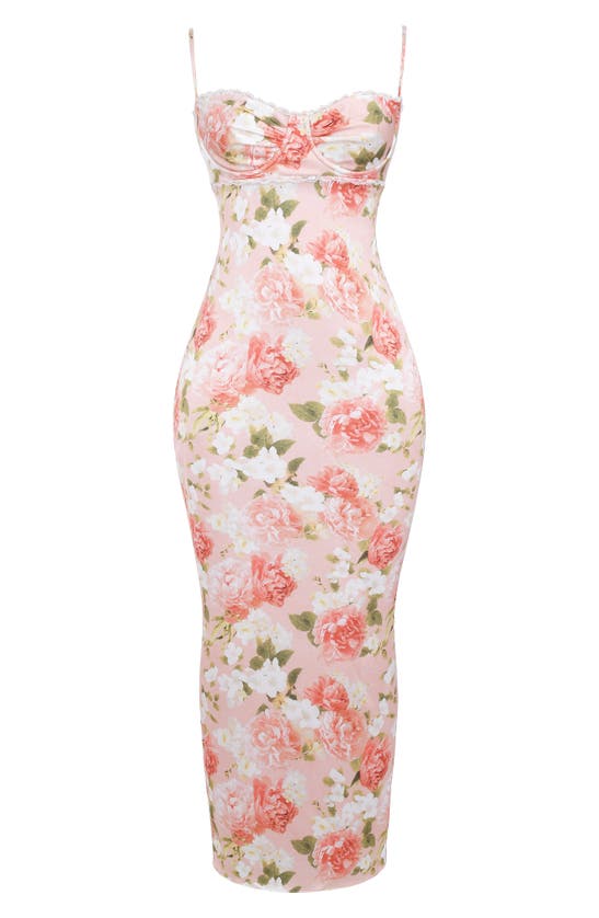 House Of Cb Josefina Floral Bustier Bodice Stretch Satin Body-con Dress In Peony Print