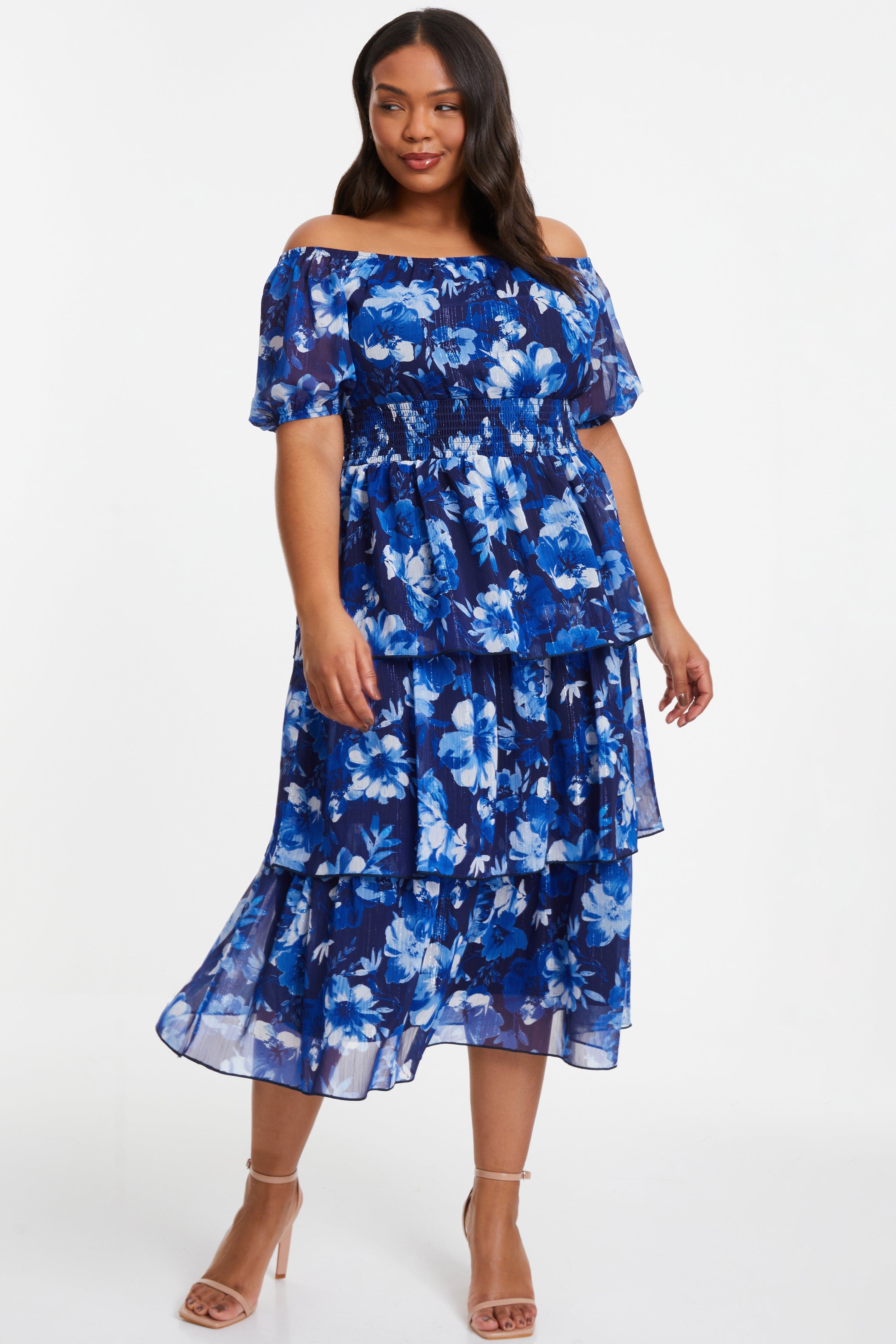 QUIZ Chiffon Floral Bardot Tiered Midi Dress | Nordstrom