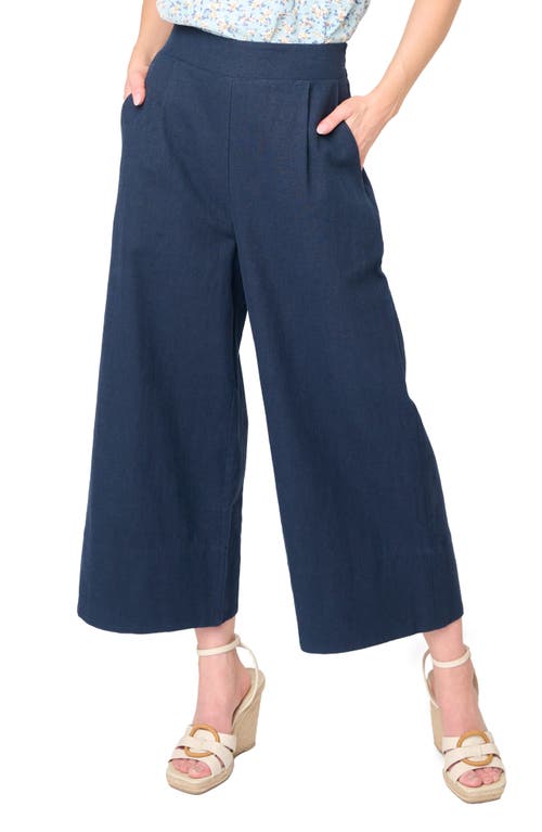 Crop Wide Leg Linen Blend Pants in Dark Navy