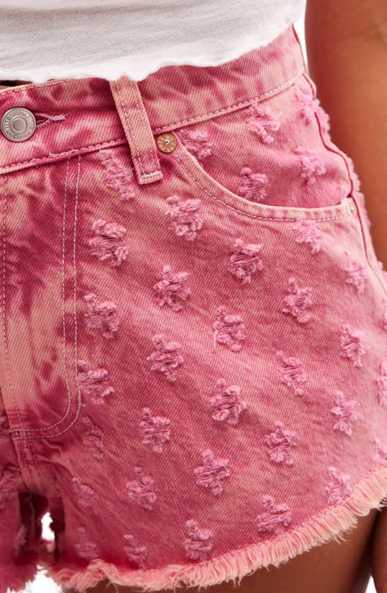 Shop Free People Mixed Emotions Distressed High-low Denim Shorts In Dragonfruit Sorbet