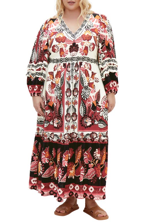 City Chic Malia Mixed Print Long Sleeve Maxi Dress In Ivory Plc