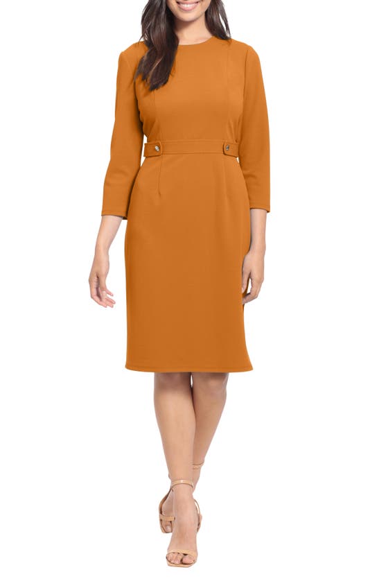 London Times Button Waist 3/4 Sleeve Sheath Dress In Gold