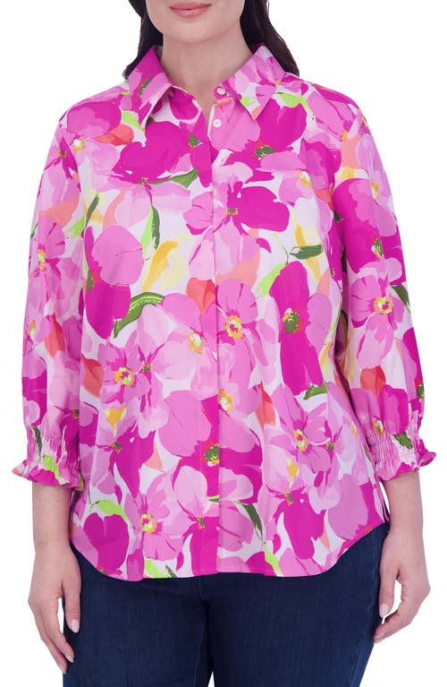Foxcroft Olivia Floral Ruffle Sleeve Button-Up Shirt in Pink Multi at Nordstrom, Size 1X