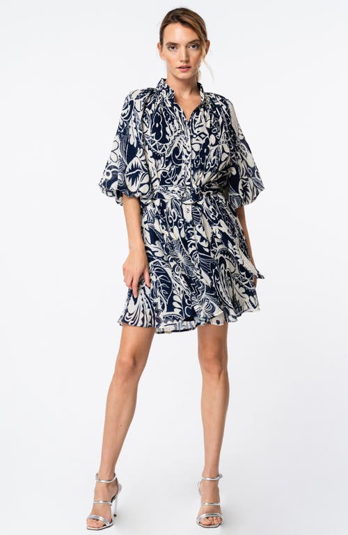 Shop Ciebon Anison Balloon Sleeve Plissé Chiffon Shirtdress In Navy Multi