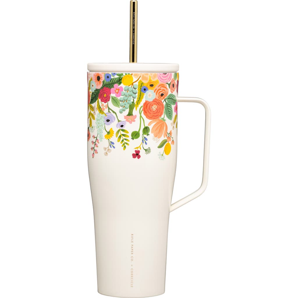Corkcicle 30-ounce Insulated Cup With Straw In Rifle Paper/gdn Party Cream