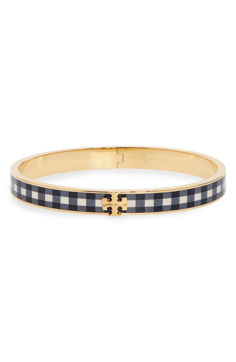 TORY BURCH Kira Print Enamel Hinge Bracelet, Main, color, TORY GOLD / BLACK GINGHAM