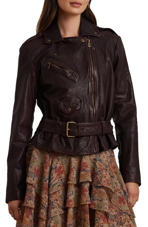 Shop Lauren Ralph Lauren Belted Burnished Leather Jacket In Pinot Noir