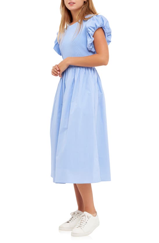 ENGLISH FACTORY ENGLISH FACTORY PUFF SLEEVE MIXED MEDIA MIDI DRESS