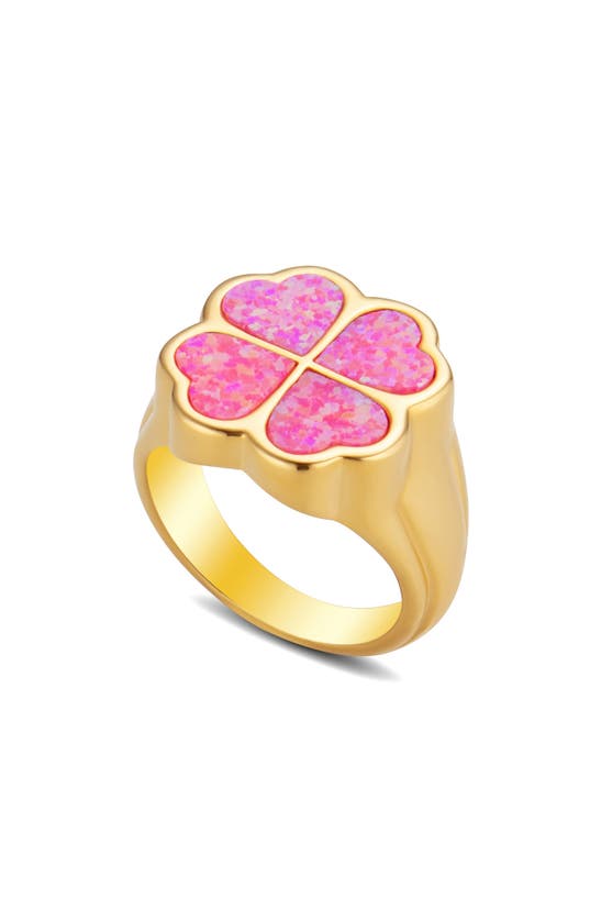 Shop July Child Lucky Me Signet Ring In Gold/ Pink Opal