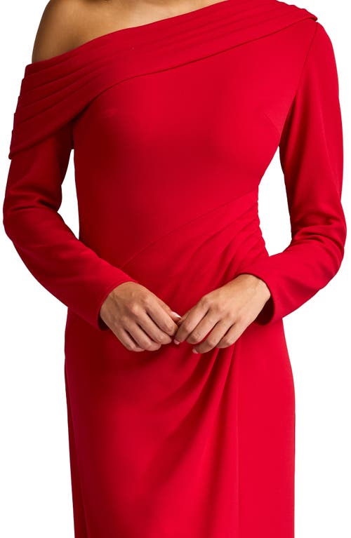 Shop Tadashi Shoji Pleated One-shoulder Long Sleeve Crepe Gown In Flame