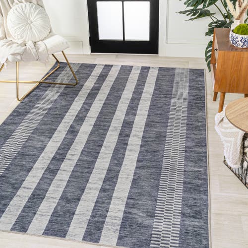 Shop Jonathan Y Vichy Geometric Striped Machine-washable Area Rug In Slate Gray/ivory