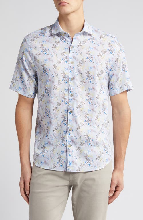Lou Leaf Print Short Sleeve Stretch Button-Up Shirt in Malibu