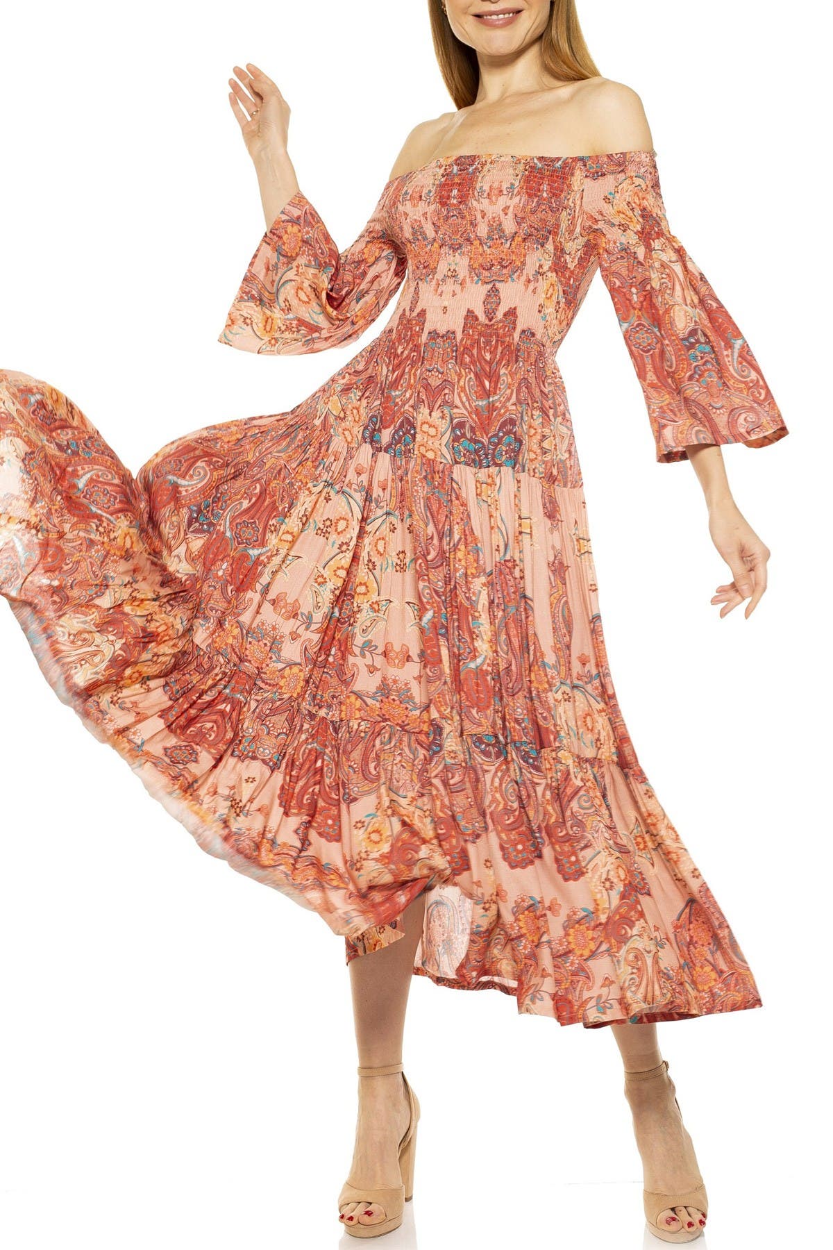 Alexia Admor Amabella Smocked Off-the-shoulder Maxi Dress In Rust Paisley