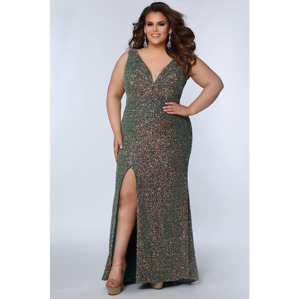 Sydney's Closet Fitted V-neck Multi-dimensional Sequin Sleeveless Plus Size Gown In Green Surge