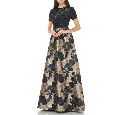 Carmen Marc Valvo Infusion Sequin Tee Metallic Jacquard Ballgown, Brown