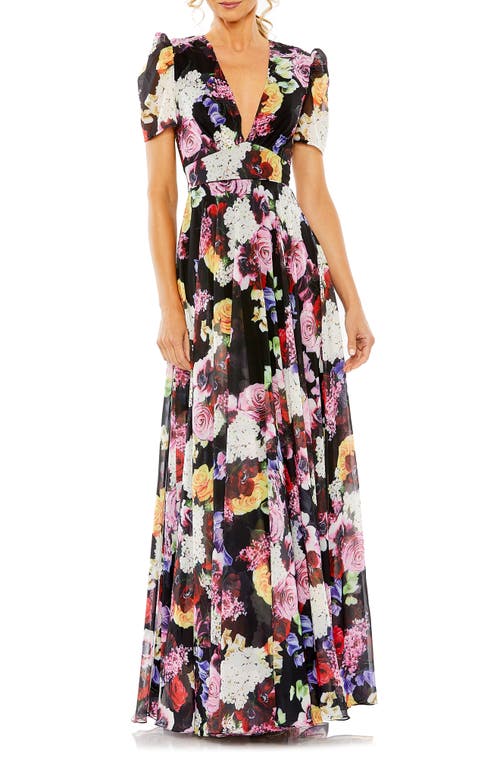Ieena for Mac Duggal Floral Short Sleeve Pleated Gown Black Multi at Nordstrom,
