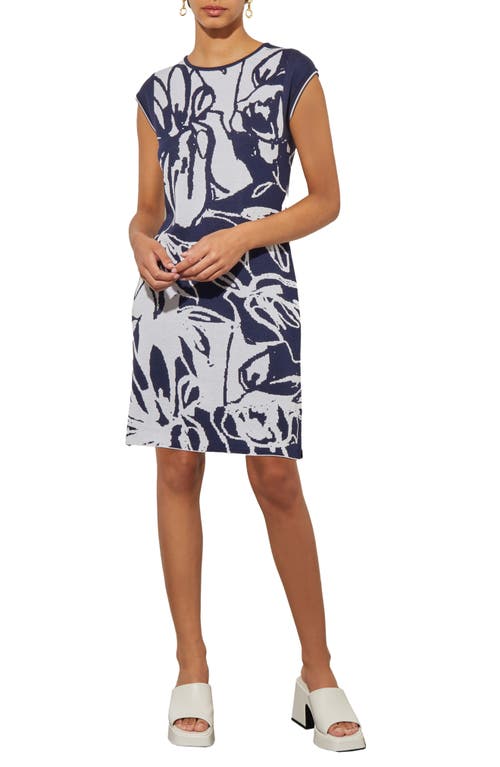 Abstract Floral Knit Dress in Indigo/white