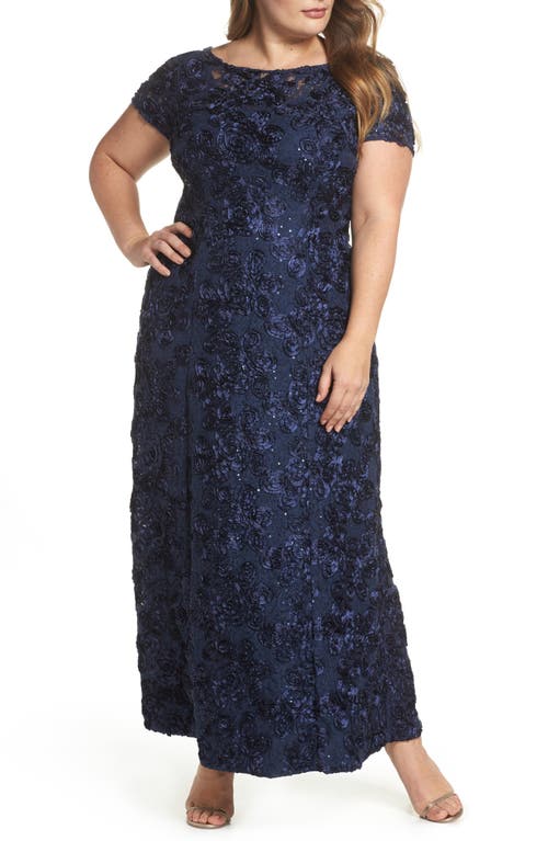 Alex Evenings Rosette Lace Short Sleeve A-Line Gown Navy at Nordstrom,