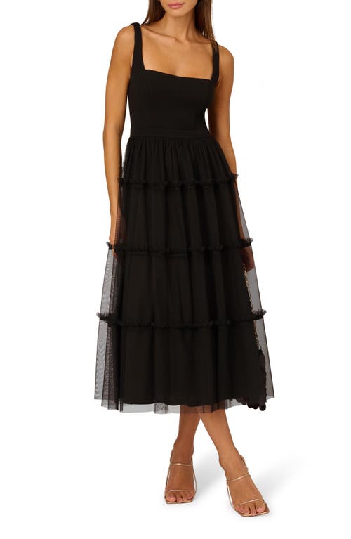 Adrianna Papell Mesh Overlay Tiered Midi Cocktail Dress Black at Nordstrom,