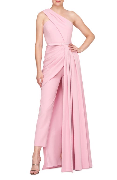Kay Unger Theresa Belted One-shoulder Maxi Romper In Pink Mauve