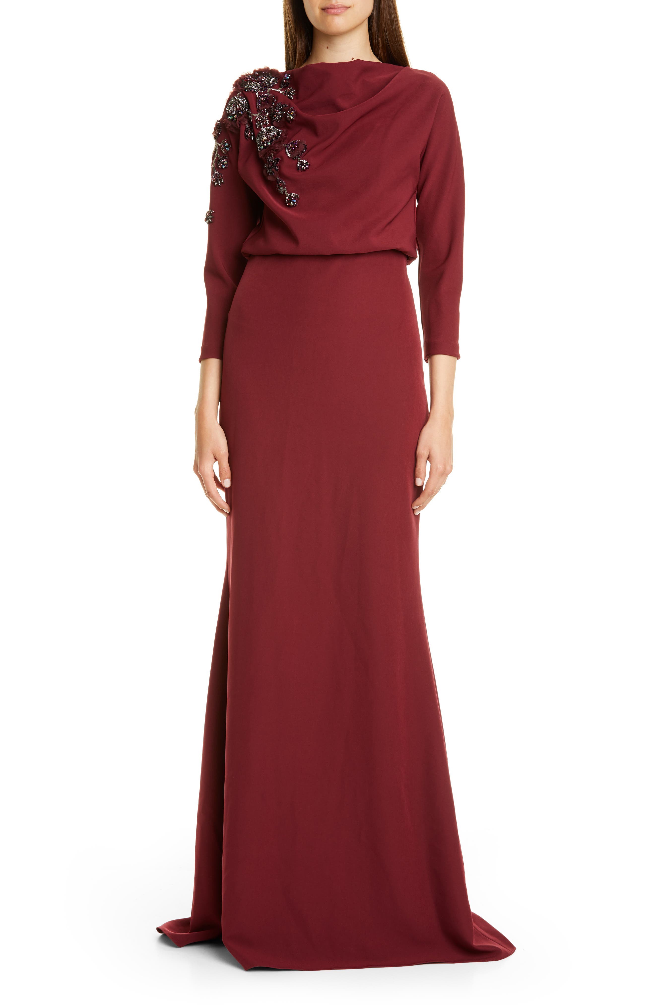 Badgley Mischka Couture Embellished Drape Bodice Gown, Burgundy