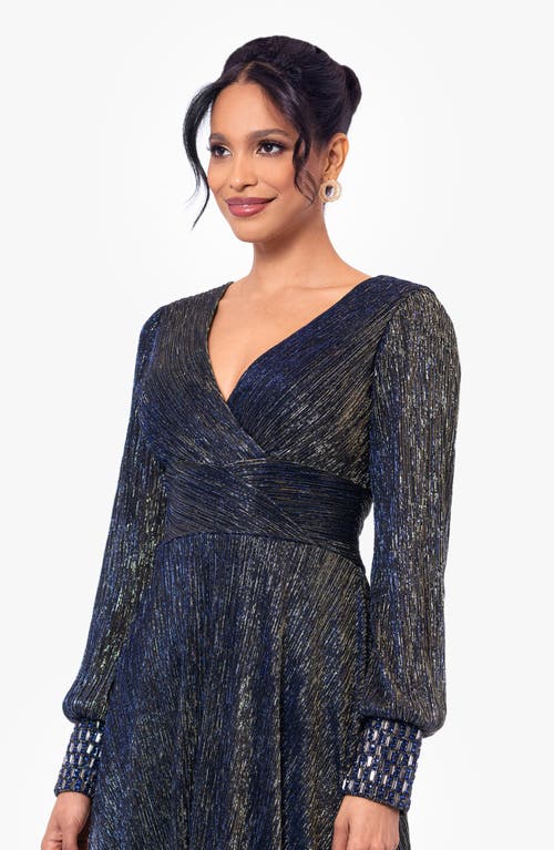 Shop Betsy & Adam Galaxy Foil Long Sleeve Gown In Navy/gold