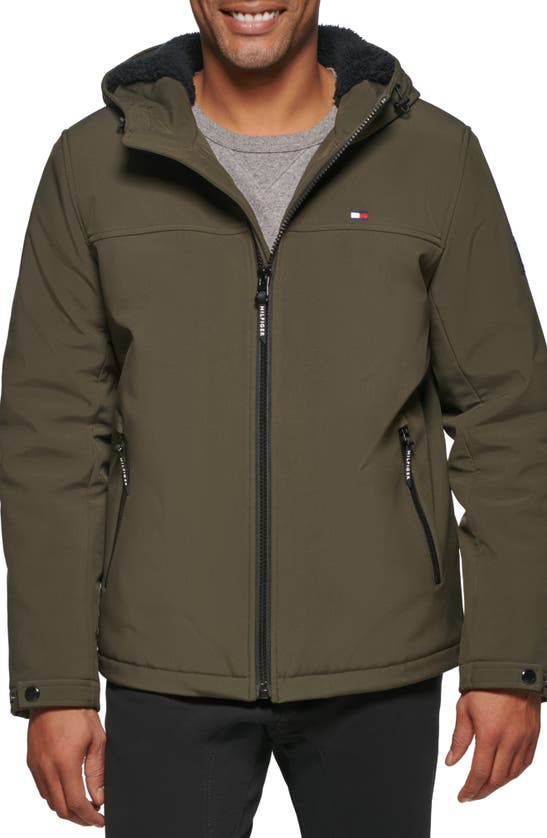 Tommy Hilfiger Faux Shearling Lined Hooded Jacket In Olive