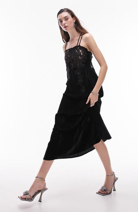 Contrast Lace Trim Velvet Slip Dress