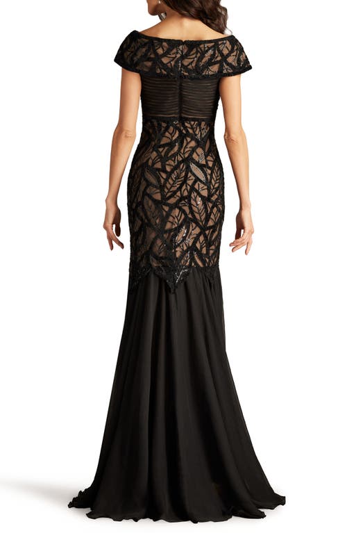 Shop Tadashi Shoji Sequin Leaf Detail Trumpet Gown In Black/nude