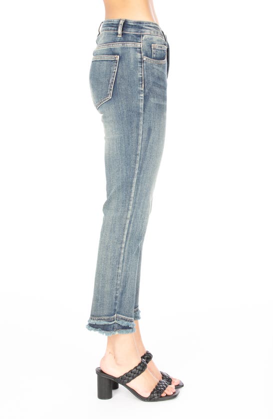 Shop Apny Olivia Double Frayed Hem Mid Rise Ankle Slim Jeans In Medium Indigo