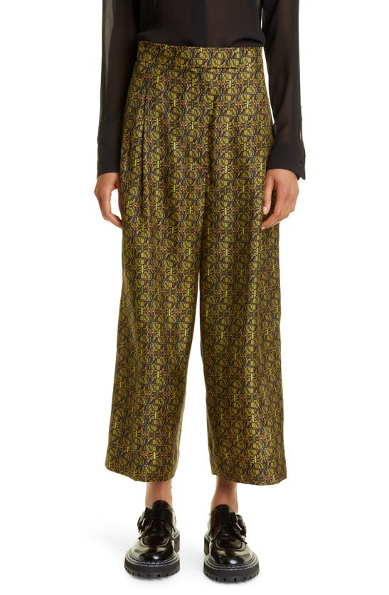 Max Mara Moxa Geo Print Crop Wide Leg Silk Trousers In Olive Green