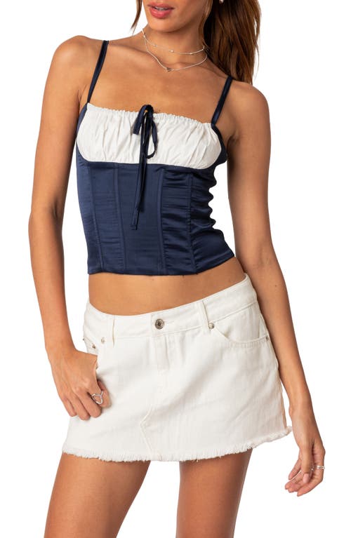 EDIKTED Arabelle Colorblock Lace-Up Satin Corset Top Navy at Nordstrom,